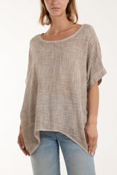 Beige Cotton Washed Short Sleeve Top For Women ONE SIZE - Dropwear